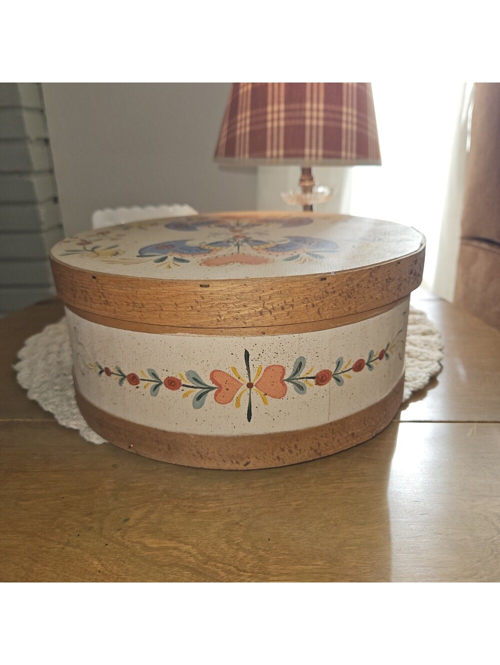 Hand Painted Round Wooden Box Hand Painted Folk Art 9.5x4.25